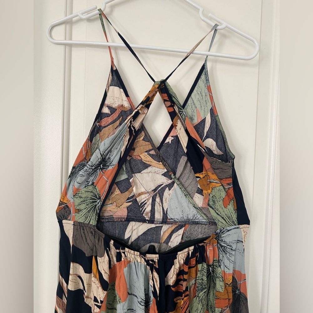Tropical Print Navy Open Back Thigh Slit Maxi Dress Size Large - Picture 7 of 8